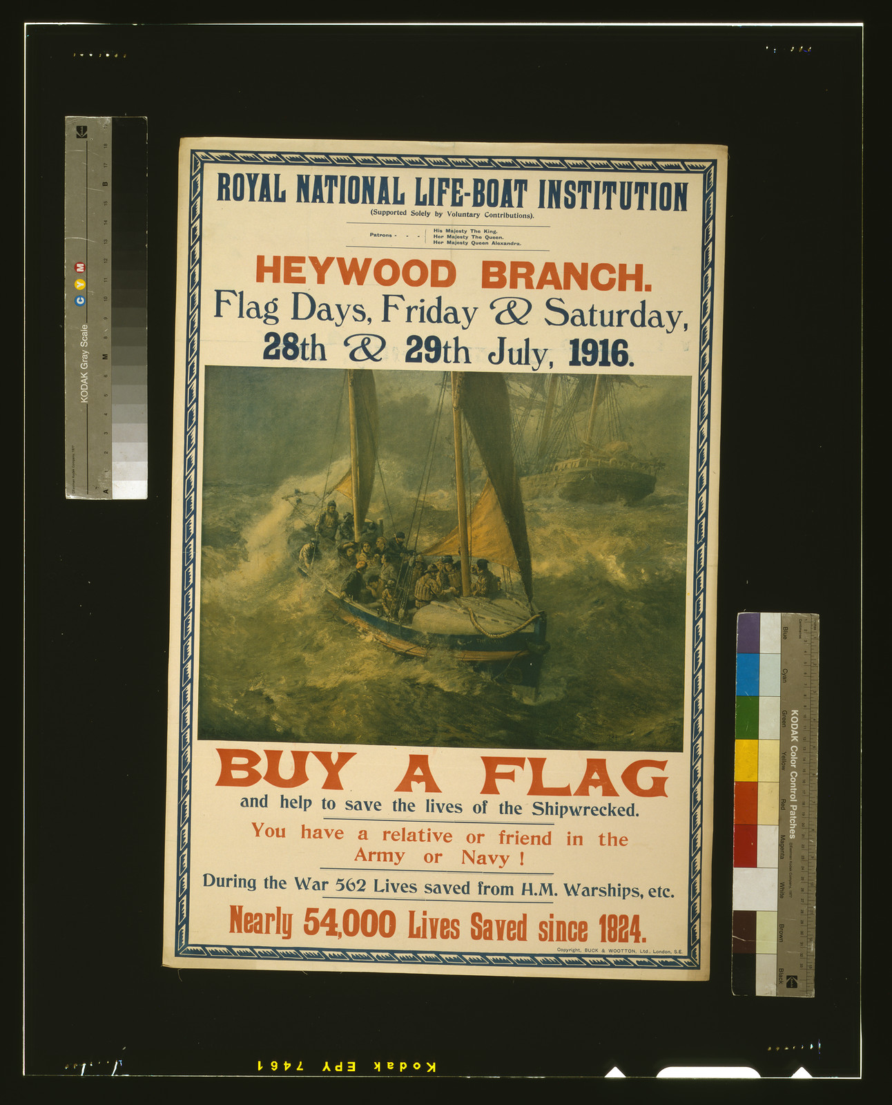 Royal National Life-boat Institution, Heywood Branch, Flag days, Friday & Saturday, 28th & 29th July, 1916 / B.F. Gribble ; Copyright, Buck & Wootton, Ltd., London, S.E., [S.l. : s.n., 1916] — vintage poster