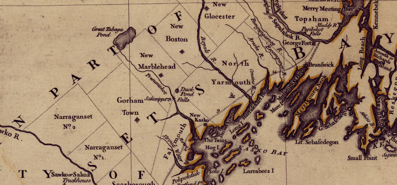 Detail of a 1755 map of Massachusetts Bay and the New England coast — antique map