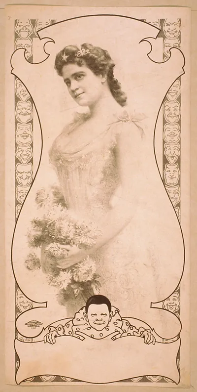 Woman with chrysanthemums in ornate mask-bordered frame