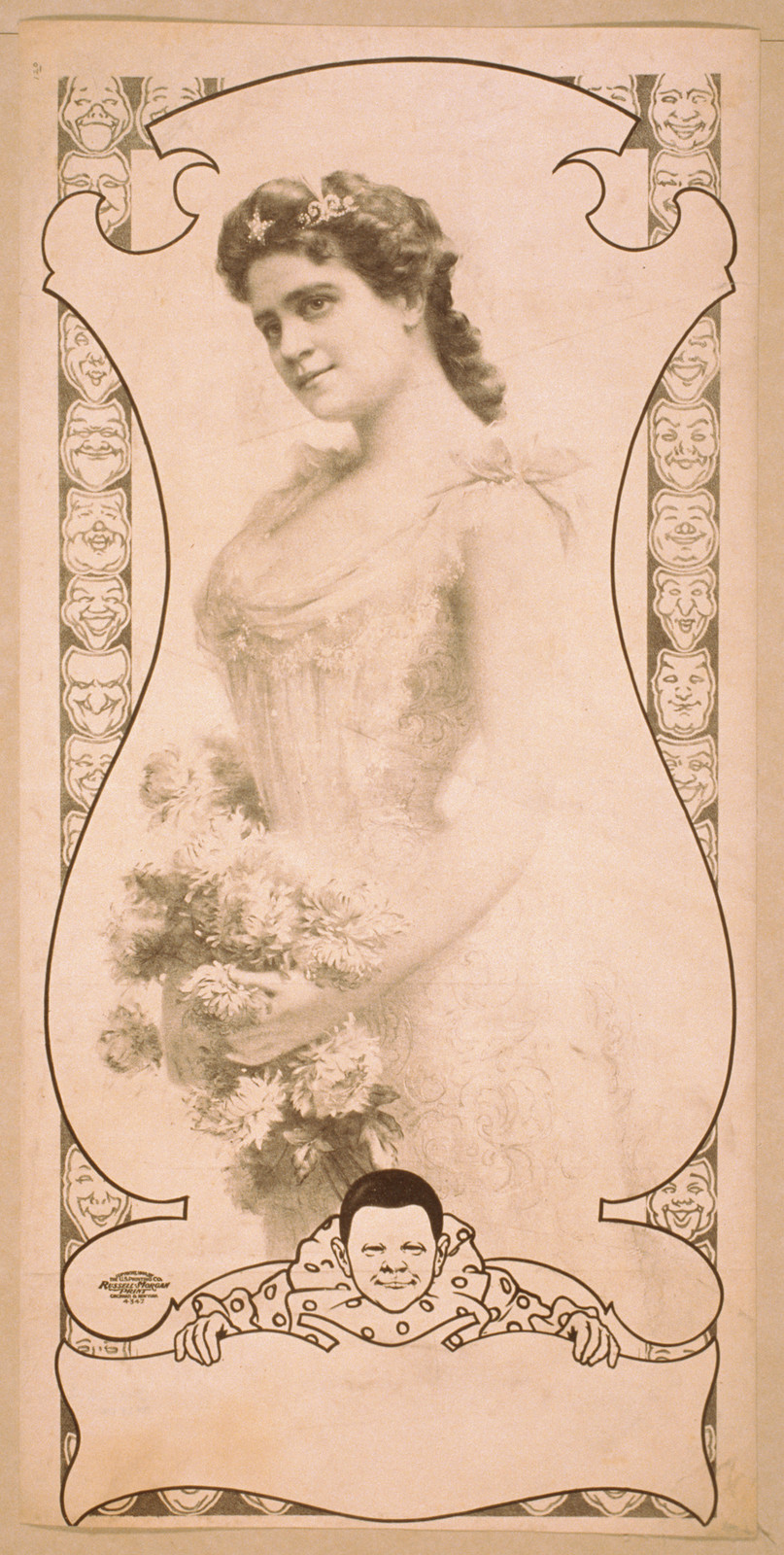 Woman with chrysanthemums in ornate mask-bordered frame — historic image