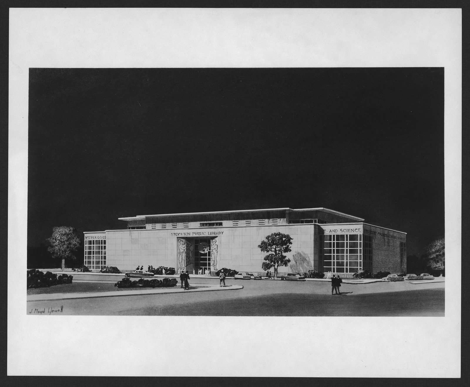 Stockton Public Library exterior architectural rendering at night — historic image