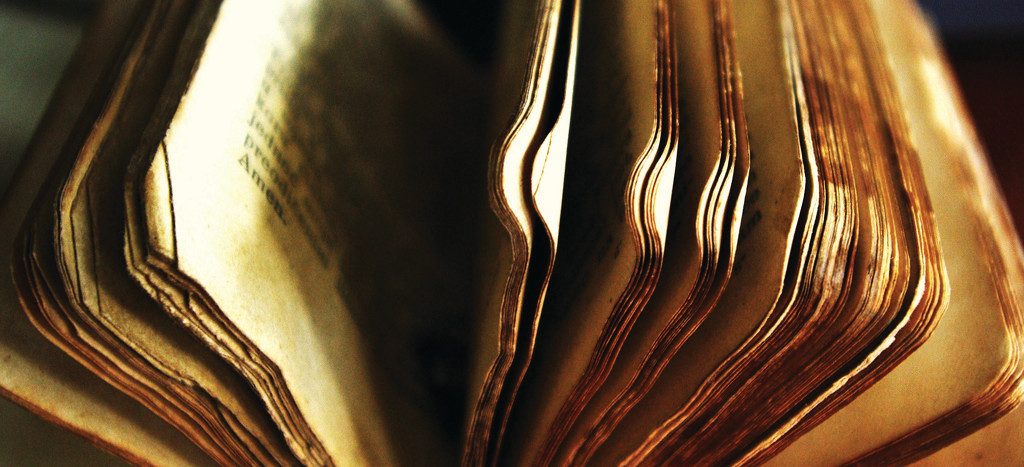 Close-up of fanned, aged book pages with worn edges — historic image
