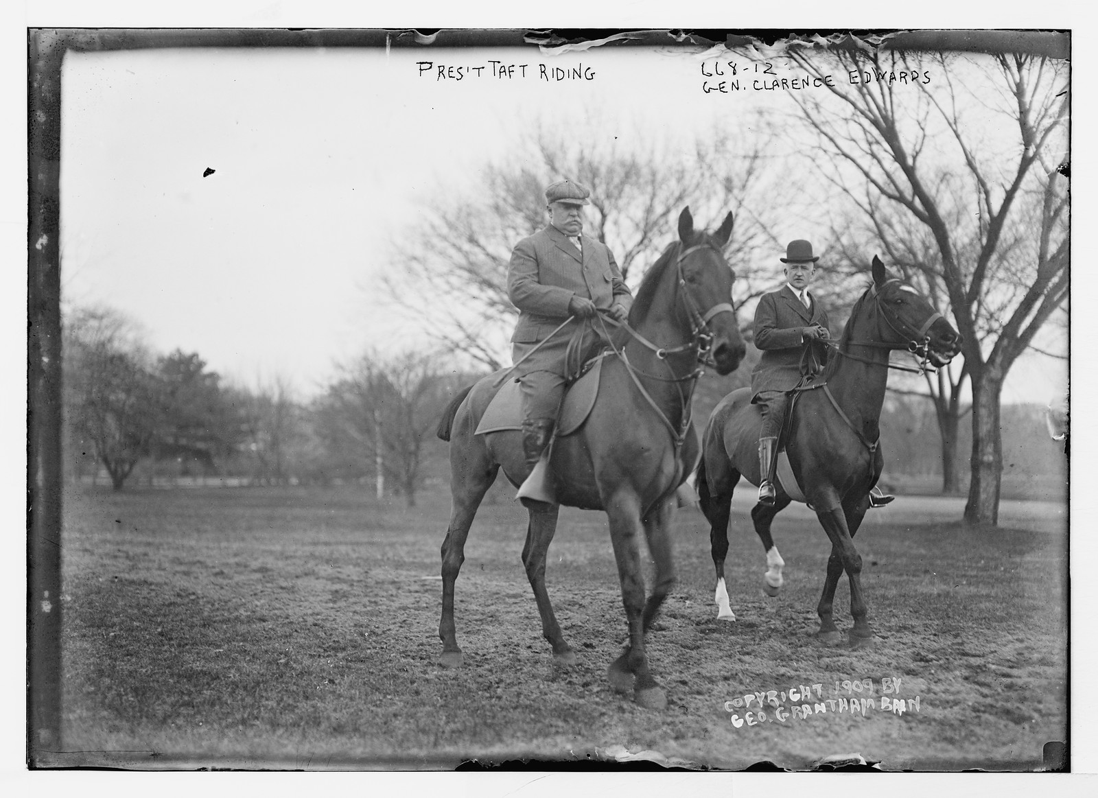 President Taft and Gen. Clarence Edwards riding horses, 1909 — historic photograph