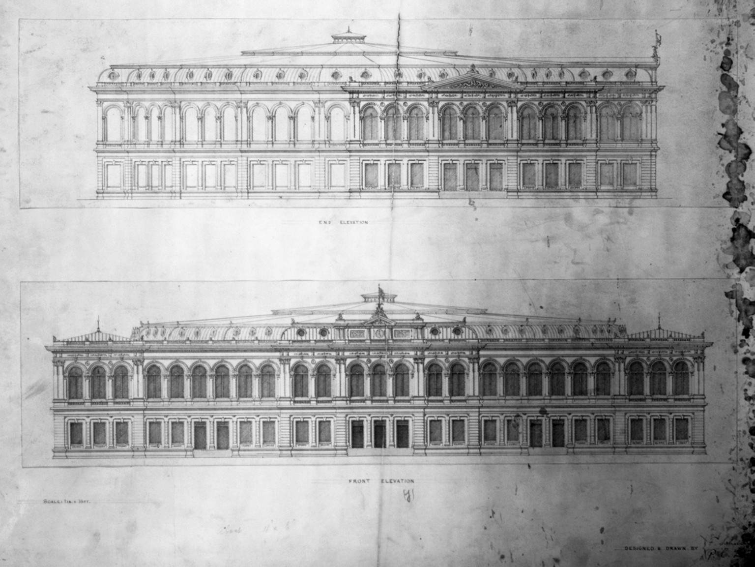 [Library of Congress, Washington, D.C. Front and end elevations], and Engineering (ADE) Drawings" (http://www.loc.gov/rr/print/res/103_ade.html)." — historic drawing