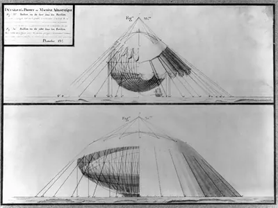 [2 sides of balloon under pavillion (front and side veiws)]