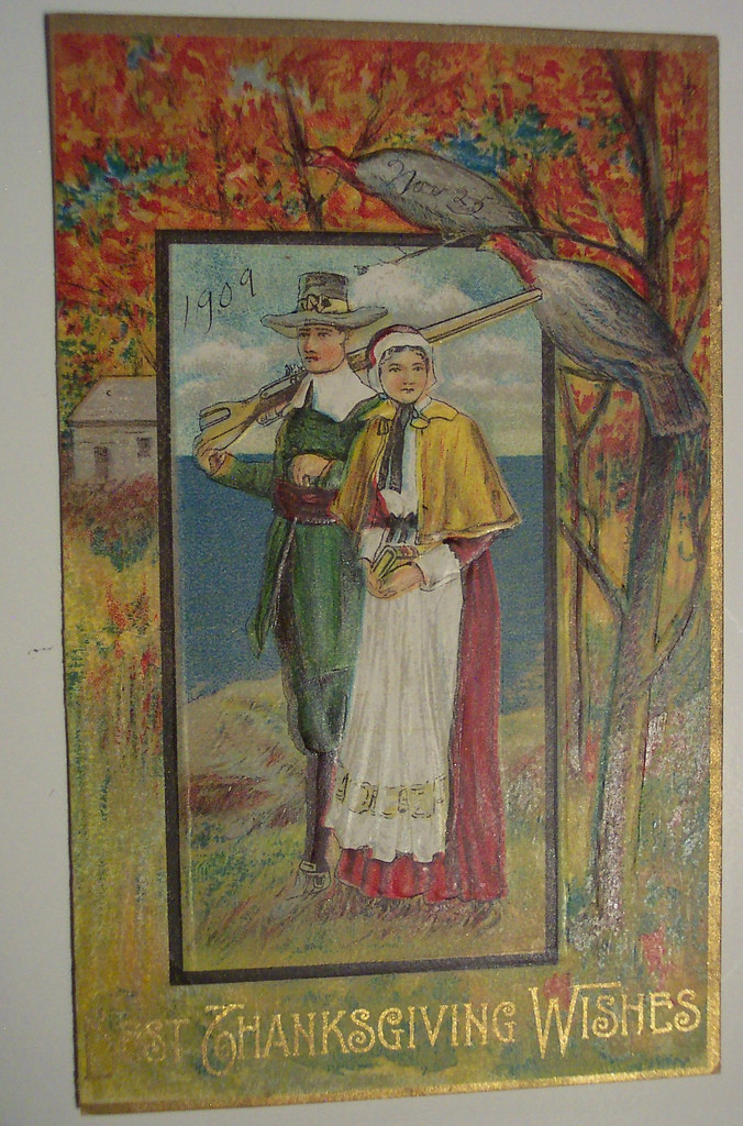 Best Thanksgiving Wishes postcard with pilgrims and turkey, 1909 — vintage postcard