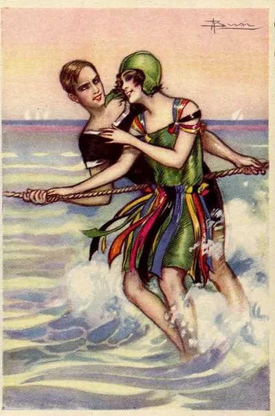 Couple holding a rope in sea surf, illustrated postcard