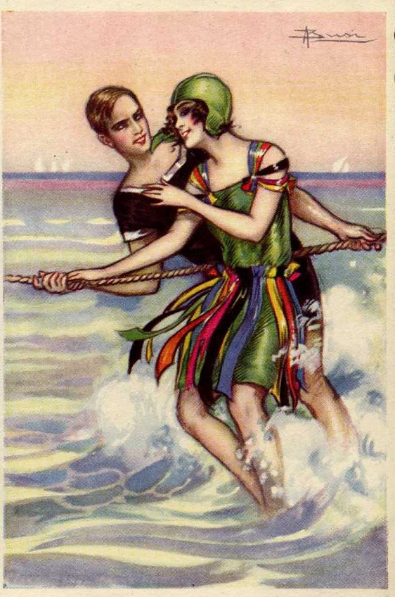 Couple holding a rope in sea surf, illustrated postcard — vintage postcard