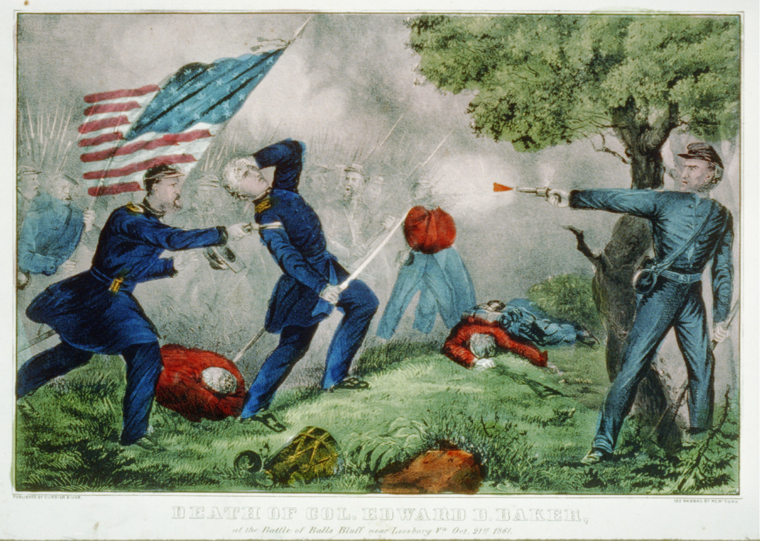 Death of Col Edward D. Baker: At the Battle of Balls Bluff near Leesburg Va. Oct. 21st 1861, [New York] : Currier & Ives, [1861?] — antique lithograph