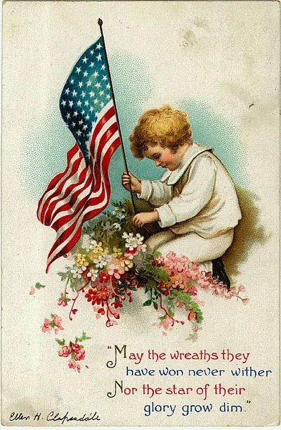Child with American flag and flowers, patriotic greeting card