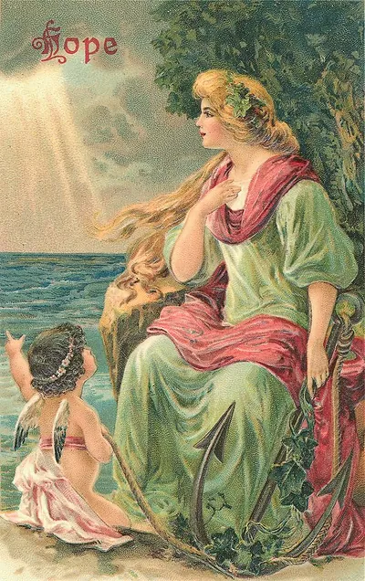 Hope: woman with anchor and winged cherub