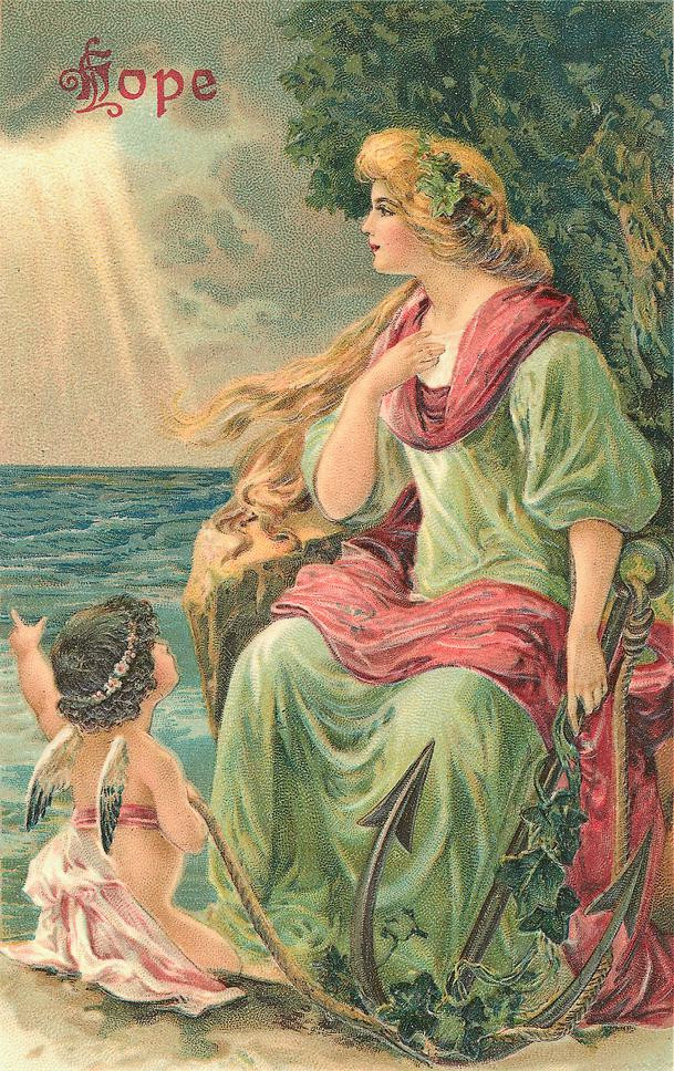 Hope: woman with anchor and winged cherub — historic image