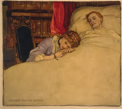 Woman asleep at a bedside, illustration with signature