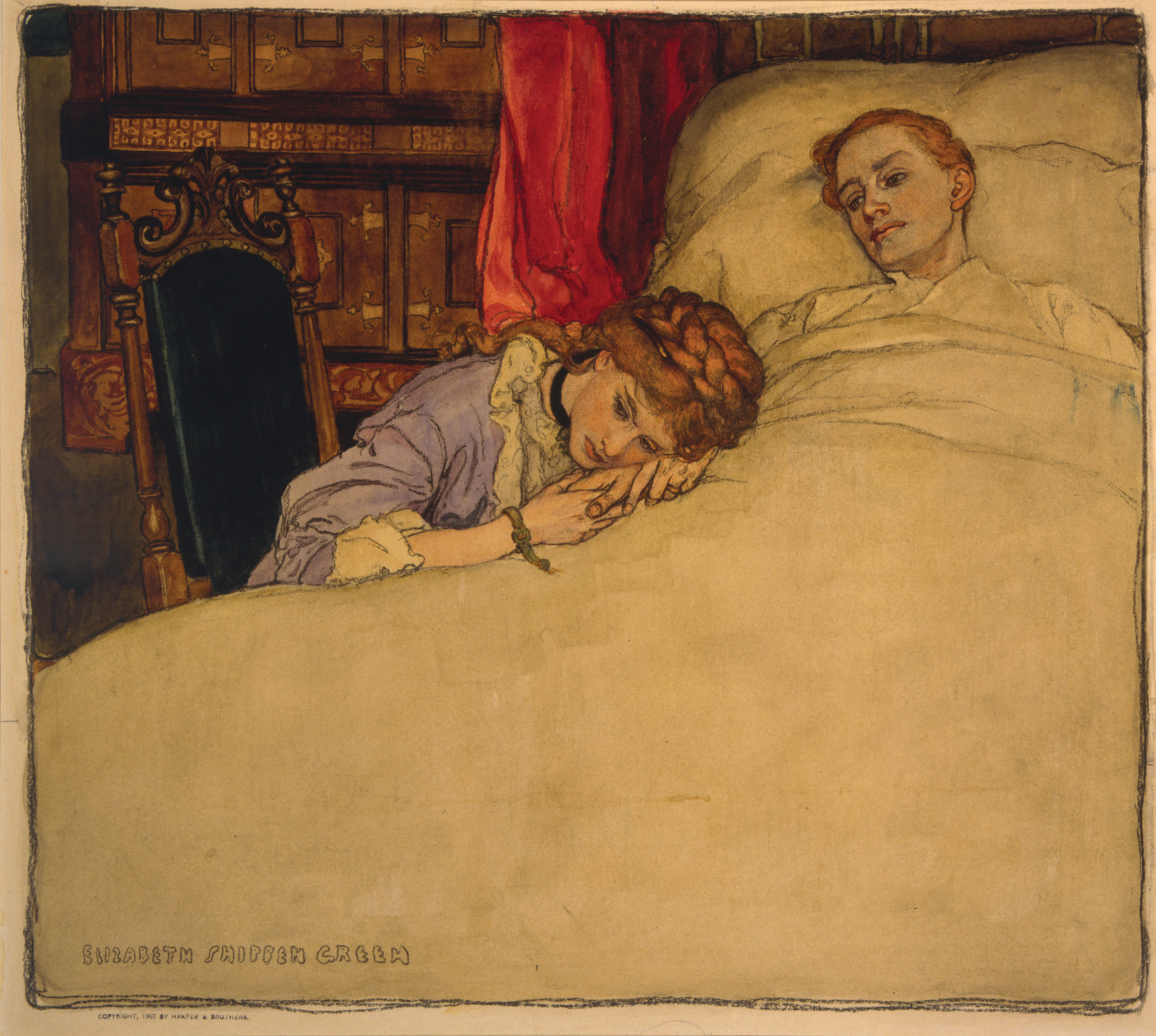 Woman asleep at a bedside, illustration with signature — historic image