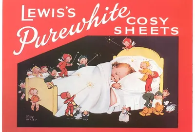 Lewis's Purewhite Cosy Sheets advertisement with sleeping baby and elves