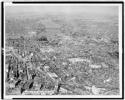 [Aerial view of Navy Yard and East River bridges, Brooklyn]