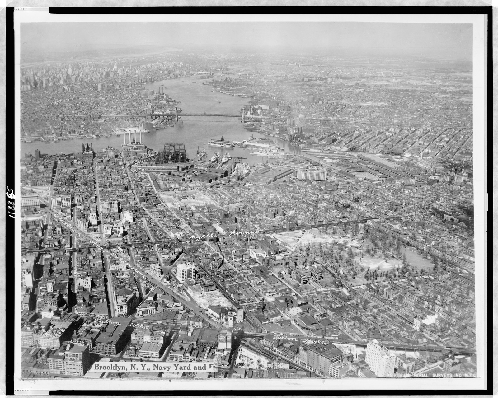 [Aerial view of Navy Yard and East River bridges, Brooklyn], [between 1920 and 1940] — historic photograph