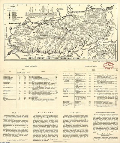 Map of Great Smoky Mountains National Park with road and trail distances