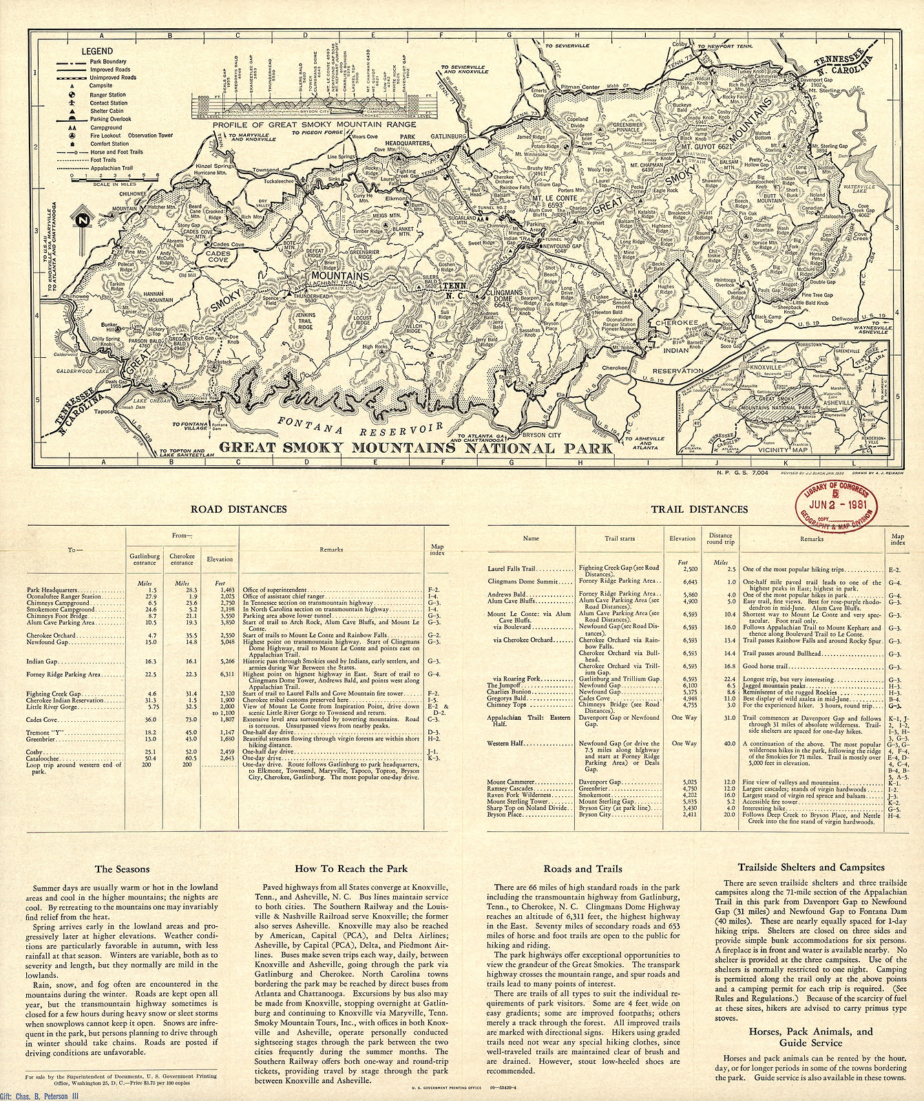 Map of Great Smoky Mountains National Park with road and trail distances, 1951 — antique map