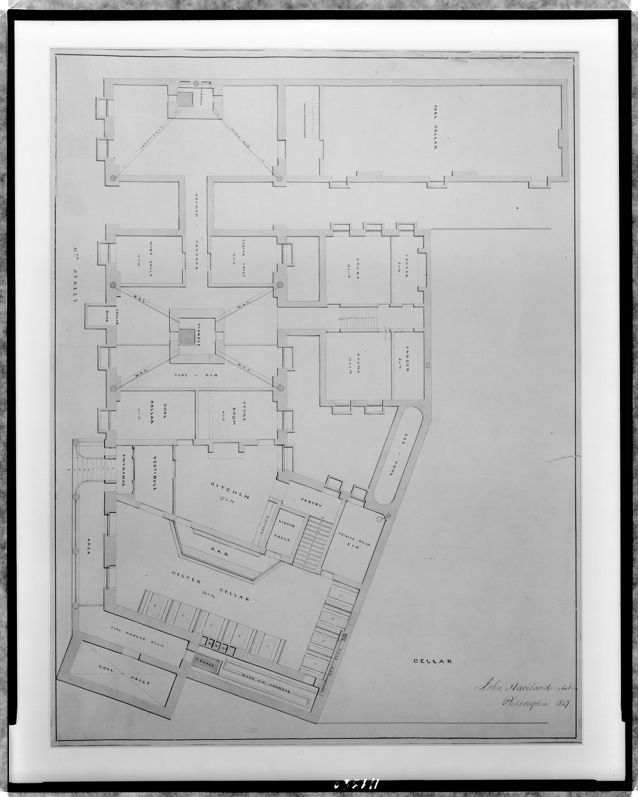 [Hotel for Azariah Fuller, (Kirkwood House), Pennsylvania Avenue and 12th Street, N.W., Washington, D.C. Cellar floor plan], and Engineering (ADE) Drawings" (http://www.loc.gov/rr/print/res/103_ade.html)." — historic drawing
