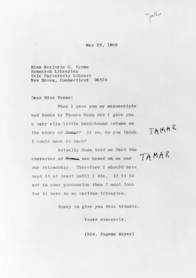 [Letter drafted by Agnes Meyer concerning Thomas Mann's Thamar the story of which was based on the friendship of Mann and Meyer]