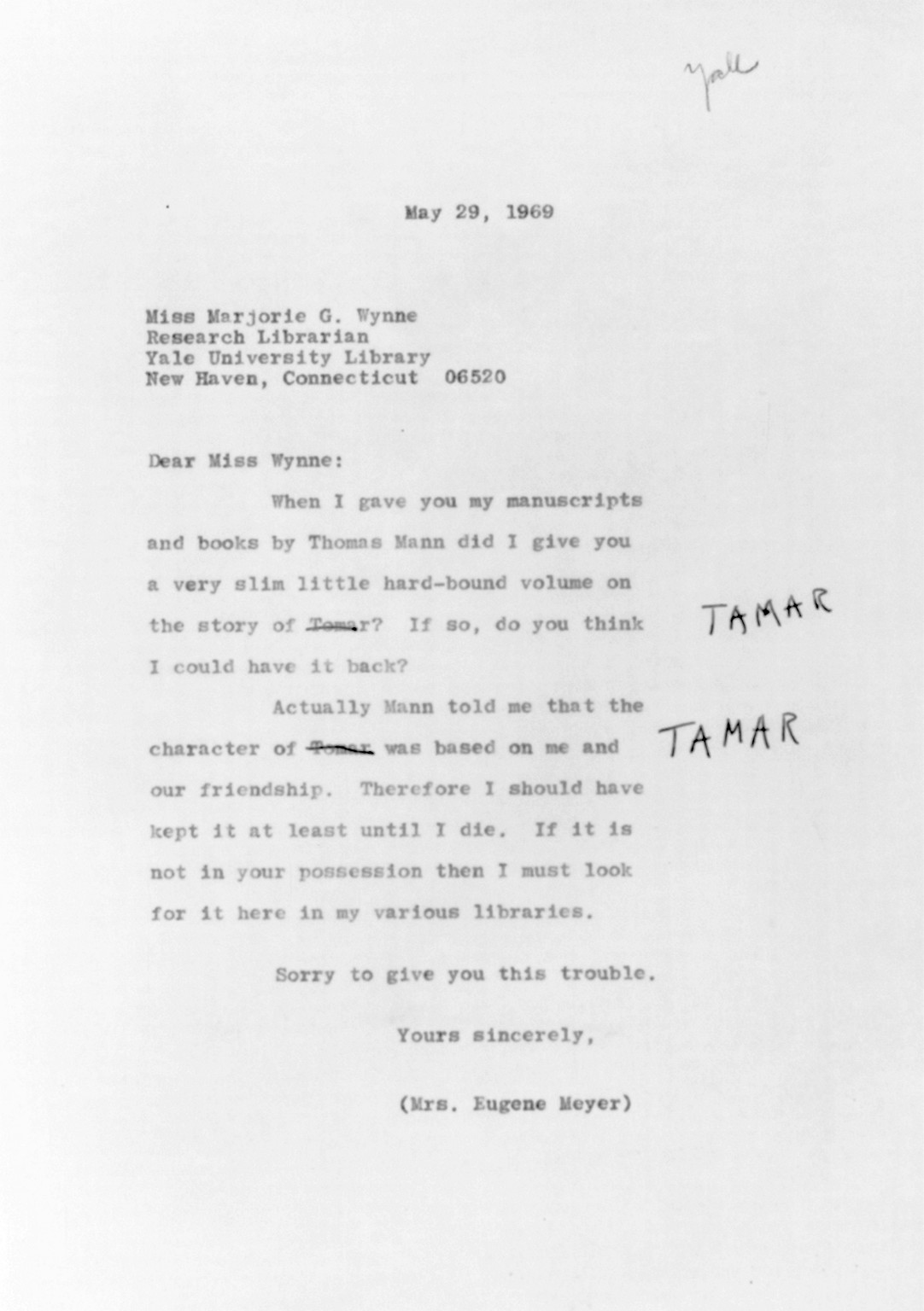 [Letter drafted by Agnes Meyer concerning Thomas Mann's Thamar the story of which was based on the friendship of Mann and Meyer], [no date recorded on caption card] — historic print