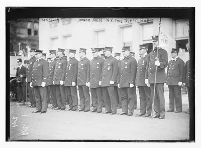 Honor men of the N.Y. Fire Dept. lined up, New York