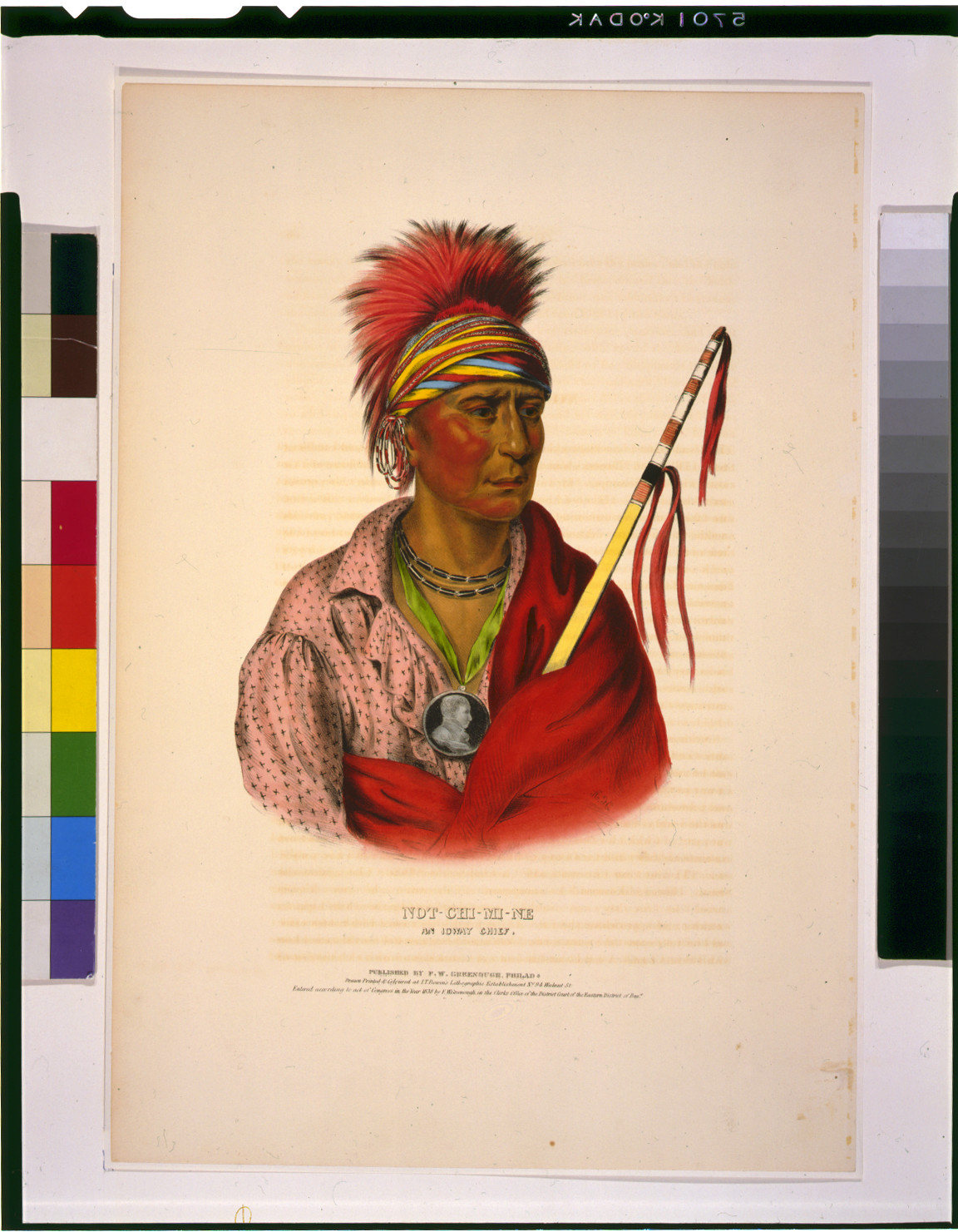 Not-Chi-Mi-Ne--An Ioway chief / drawn, printed & coloured at I.T. Bowen's Lithographic Establishment ; A.H., Philad. : published by F.W. Greenough, c1836. — antique lithograph