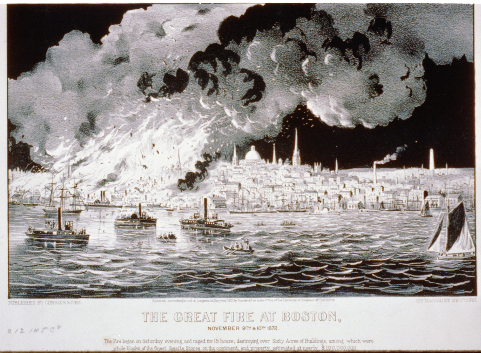 The great fire at Boston: November 9th & 10th 1872, New York : Published by Currier & Ives, c1872. — antique lithograph