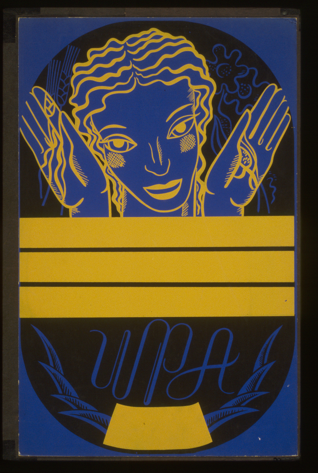 [WPA poster design on blue background showing the head and hands of a woman holding f, 1936 — vintage poster