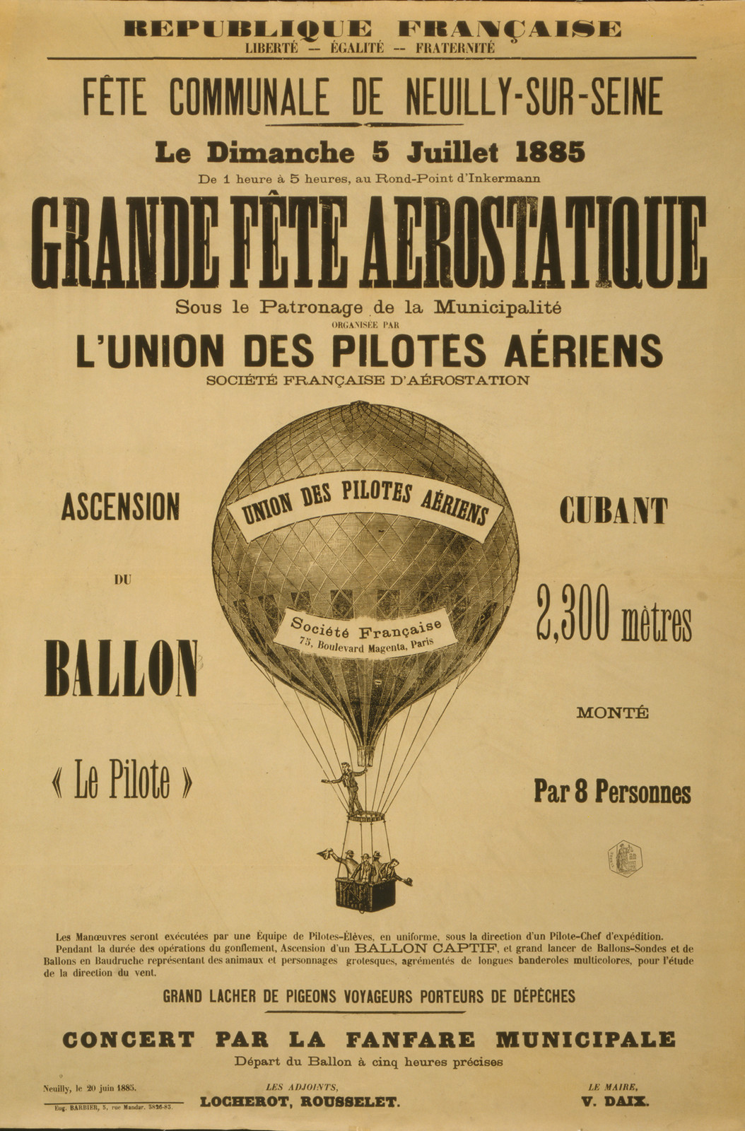 Grande fête aerostatique organisée par l'union des pilotes aériens société francaise d'aérostation., [Neuilly?] : Eug. Barbier, 1885. — vintage poster