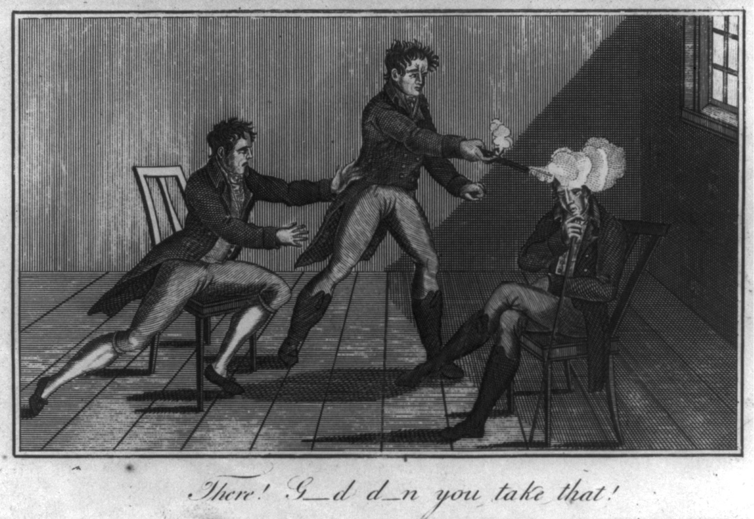 [Frontis illus. of books by Mason Locke Parson" Weems (1759-1825): "There! G-d d-n you take that!" Man firing pistol point blank at head of another man]" — historic print