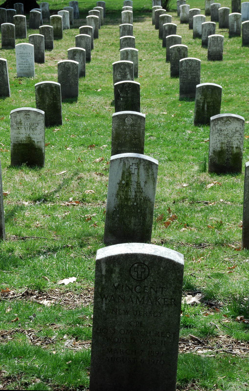 Rows of military headstones including Vincent Wanamaker, World War II — historic image