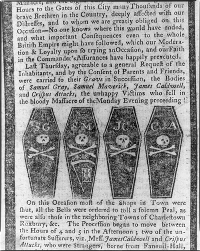 [Four coffins of men killed in the Boston Massacre]