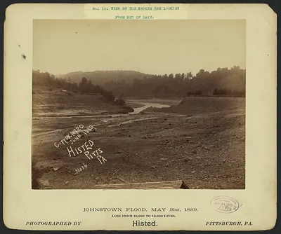 View of the broken dam looking from bed of lake, Johnstown Flood, May 31st, 1889