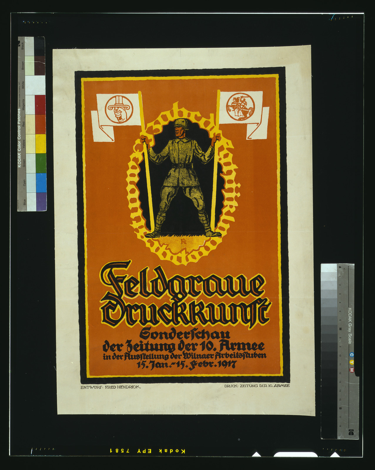 Feldgraue Druckkunst. Sondershau der Zeitung der 10. Armee / Fred Hendriok., 1917 — vintage poster