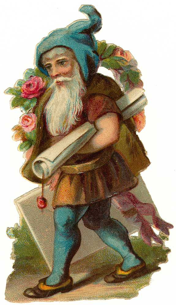 Bearded elf with blue hat carrying scrolls and roses — historic image