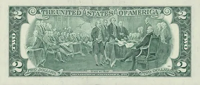 Back of two-dollar bill with Declaration of Independence painting
