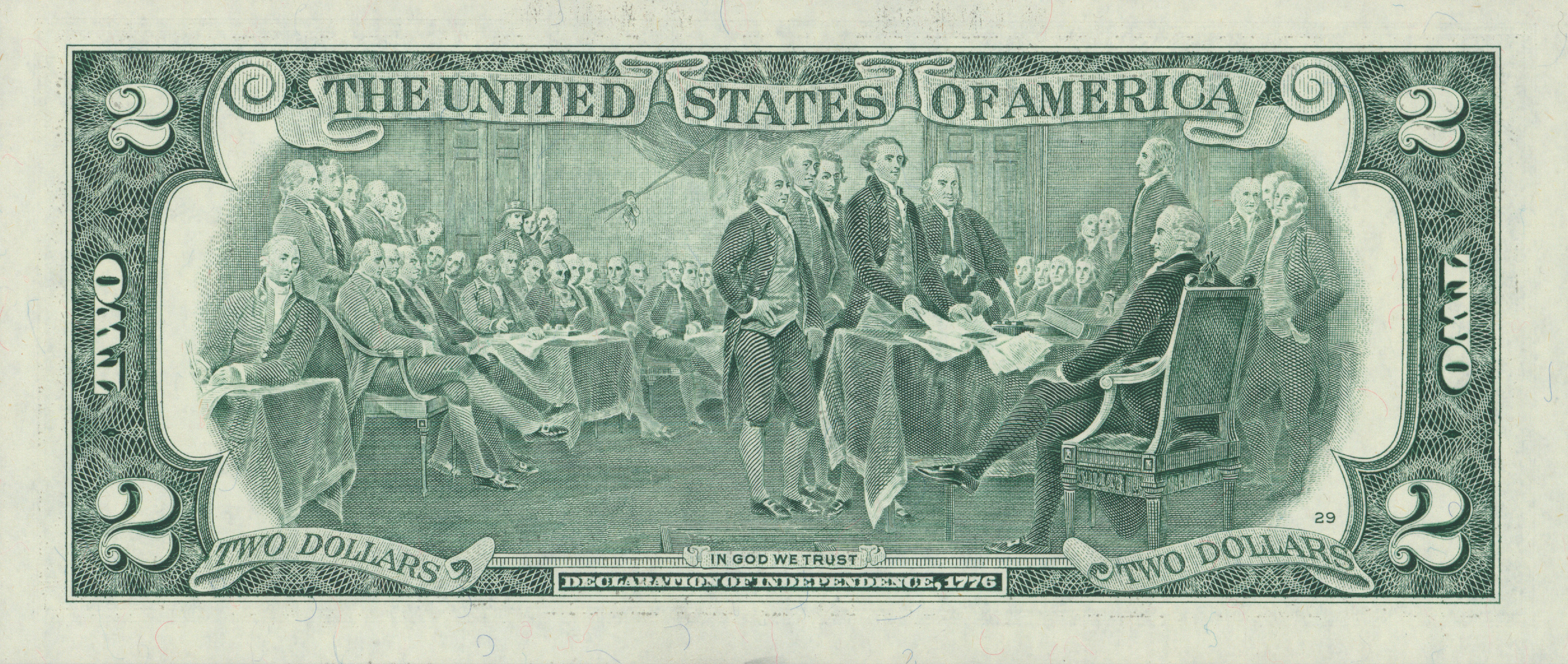 Back of two-dollar bill with Declaration of Independence painting — historic image