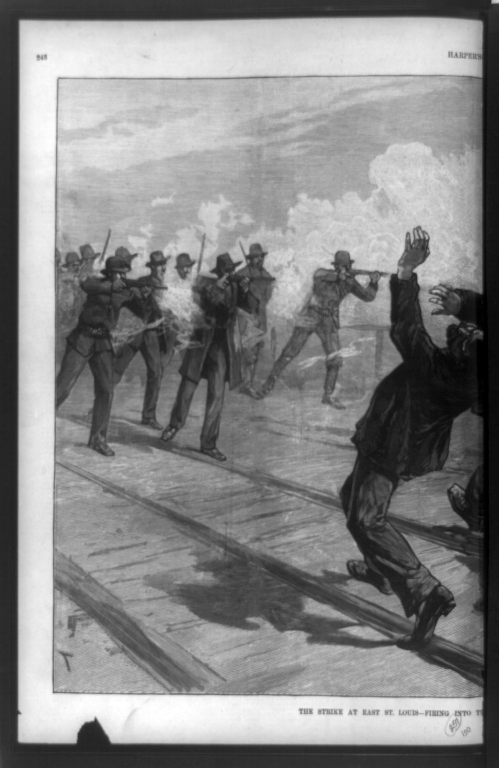 The strike at East St. Louis--firing into the crowd / drawn by T. de Thulstrup., [1886] — antique engraving