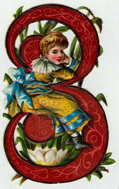 Victorian scrap of a child within a red decorative letter