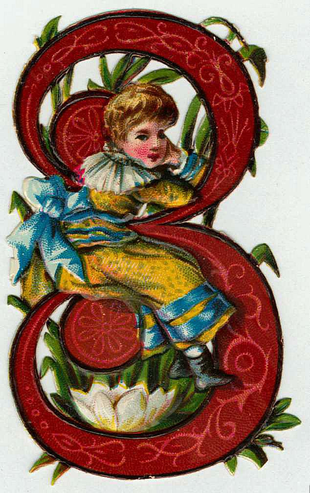 Victorian scrap of a child within a red decorative letter — historic image