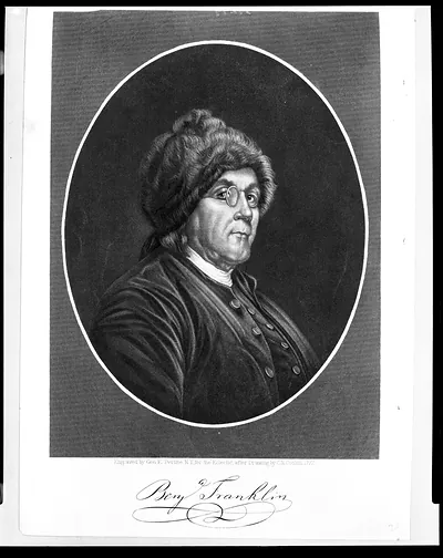 Benj. Franklin / engraved by Geo. E. Perine, N.Y., for the Eclectic, after drawing by C.N. Cochin, 1777.
