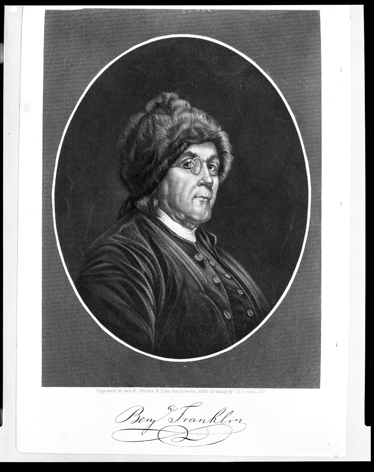 Benj. Franklin / engraved by Geo. E. Perine, N.Y., for the Eclectic, after drawing by C.N. Cochin, 1777., [between 1860 and 1885] — antique engraving