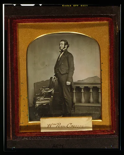 [William Penn Cresson, full-length portrait, standing, facing left, with ornate chair and balustrade]