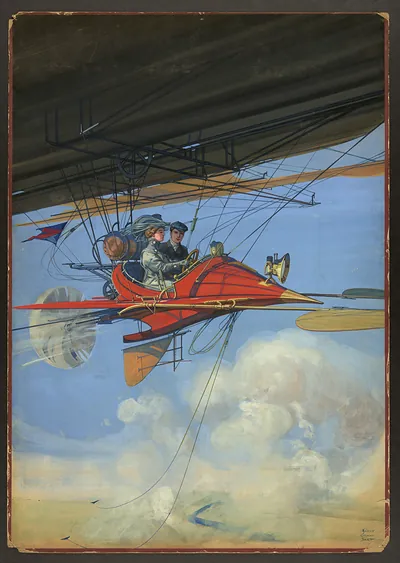 Painted airship gondola with two passengers in flight