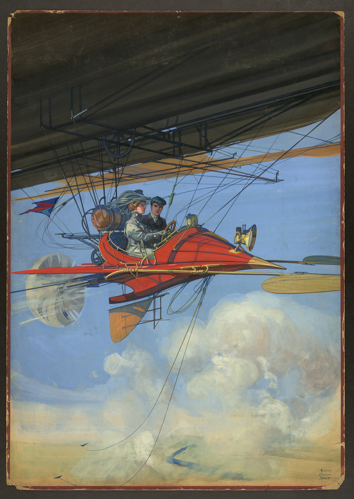 Painted airship gondola with two passengers in flight — historic image