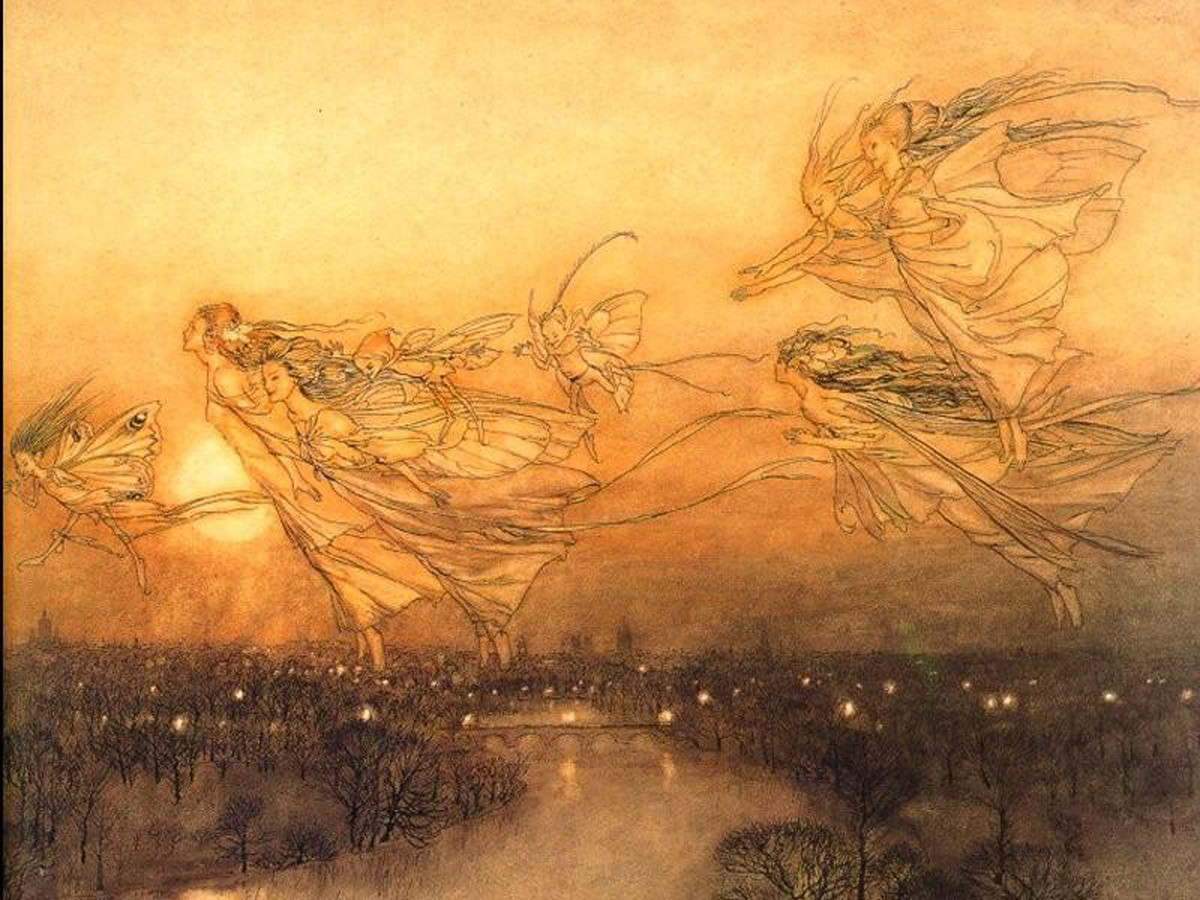 Winged fairies flying over a twilight city and river — historic image