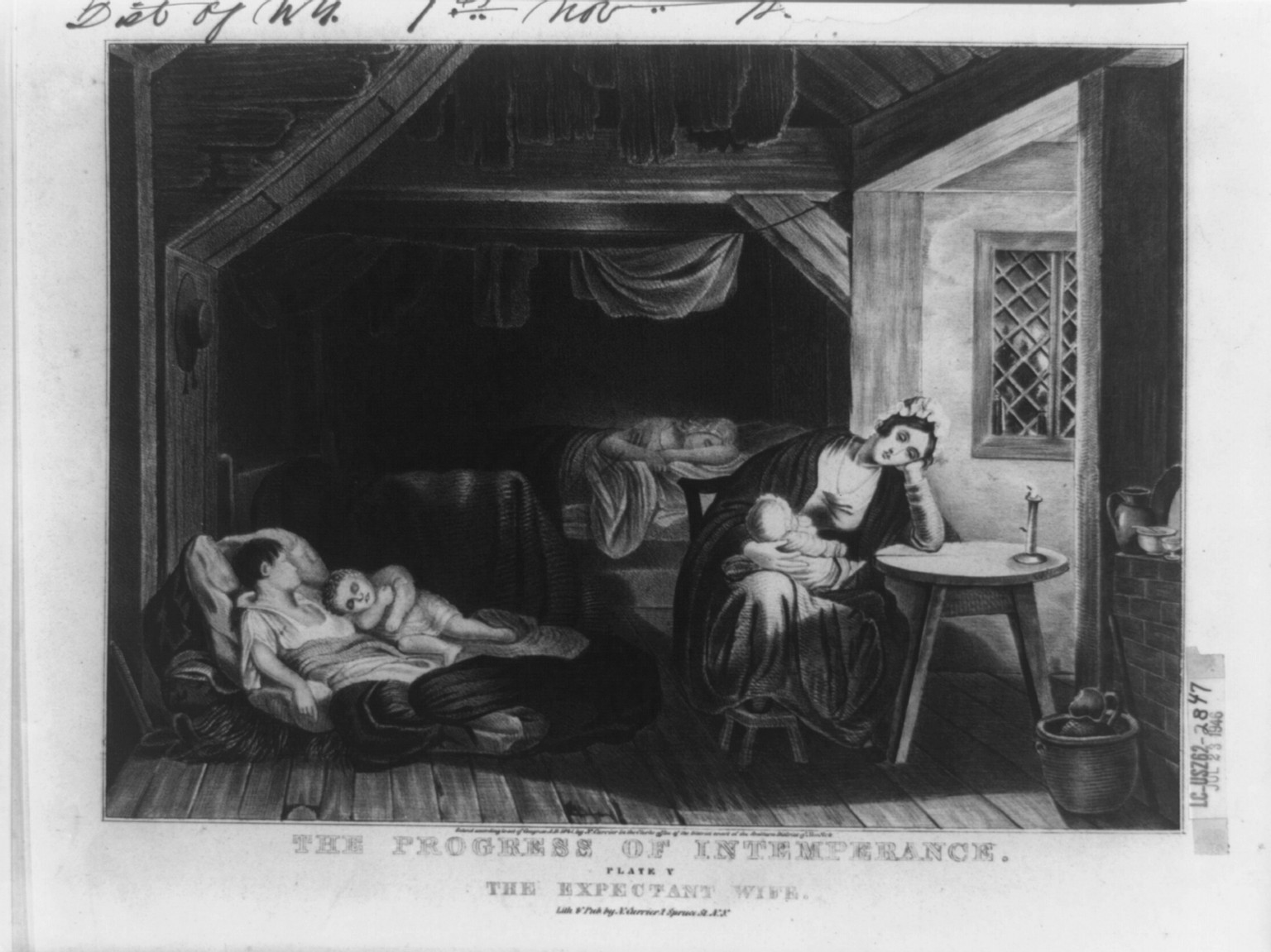 The progress of intemperance: plate V. the expectant wife, New York : Published by N. Currier, c1841. — antique lithograph