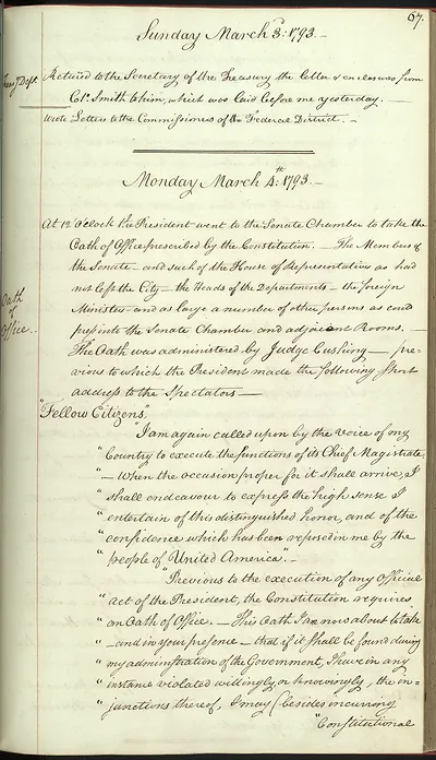 Handwritten manuscript page describing presidential oath of office, March 1793